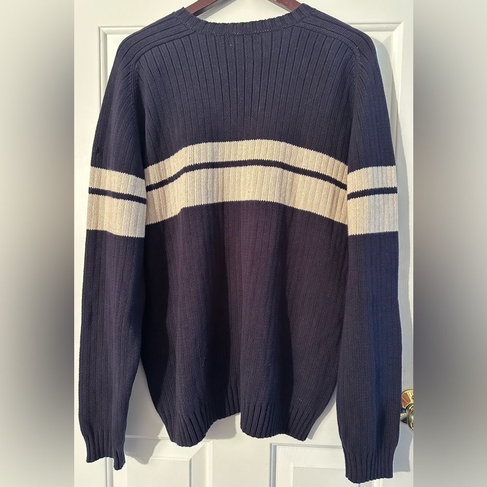 J. CREW Authentic Vntg Y2K L Navy Cotton Ribbed Stripe V Neck Varsity Ribbed NEW - Picture 2 of 9